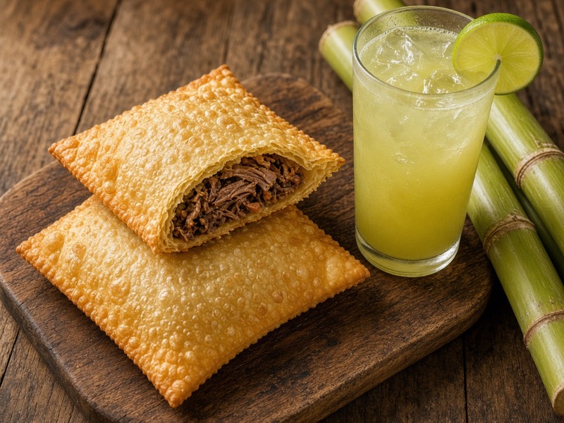 Pastéis fritos e um copo de caldo de cana fresco
